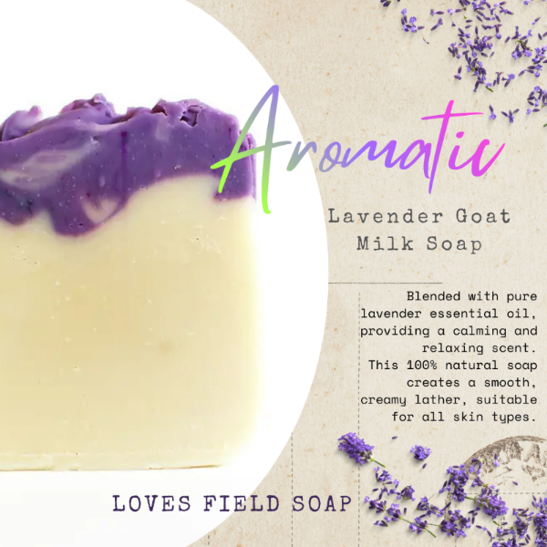 Lavender goat milk soap with lavender flowers and product description text on a beige background