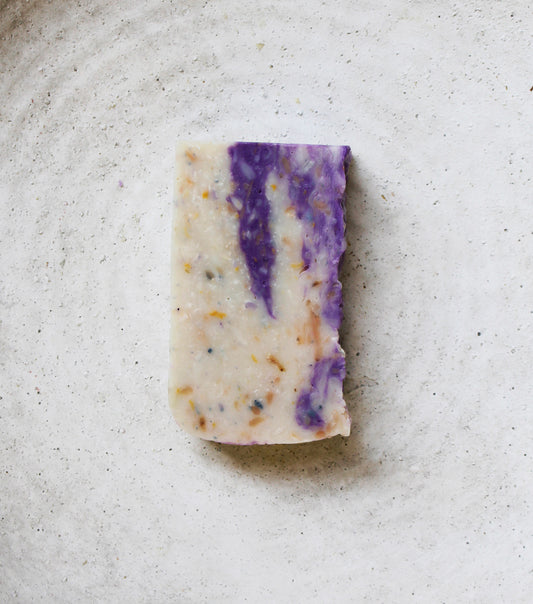 spearmint lavender handmade soap bar in hand dyed cotton gift bag, artisan small batch soap